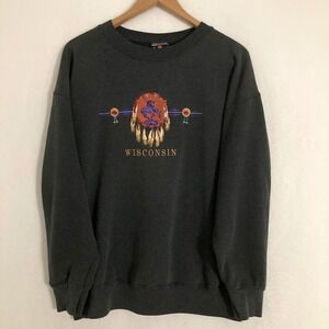 Vtg Wisconsin USA Made Sweatshirt XL Embroidered Destination Horse Indian Tribal